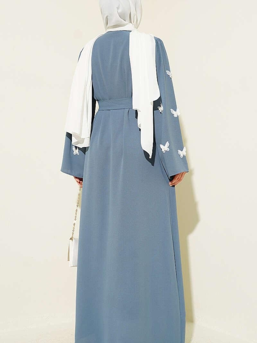 Butterfly Pearl Belted Abaya Dusty Blue Size L-XL - Picture 3 of 8